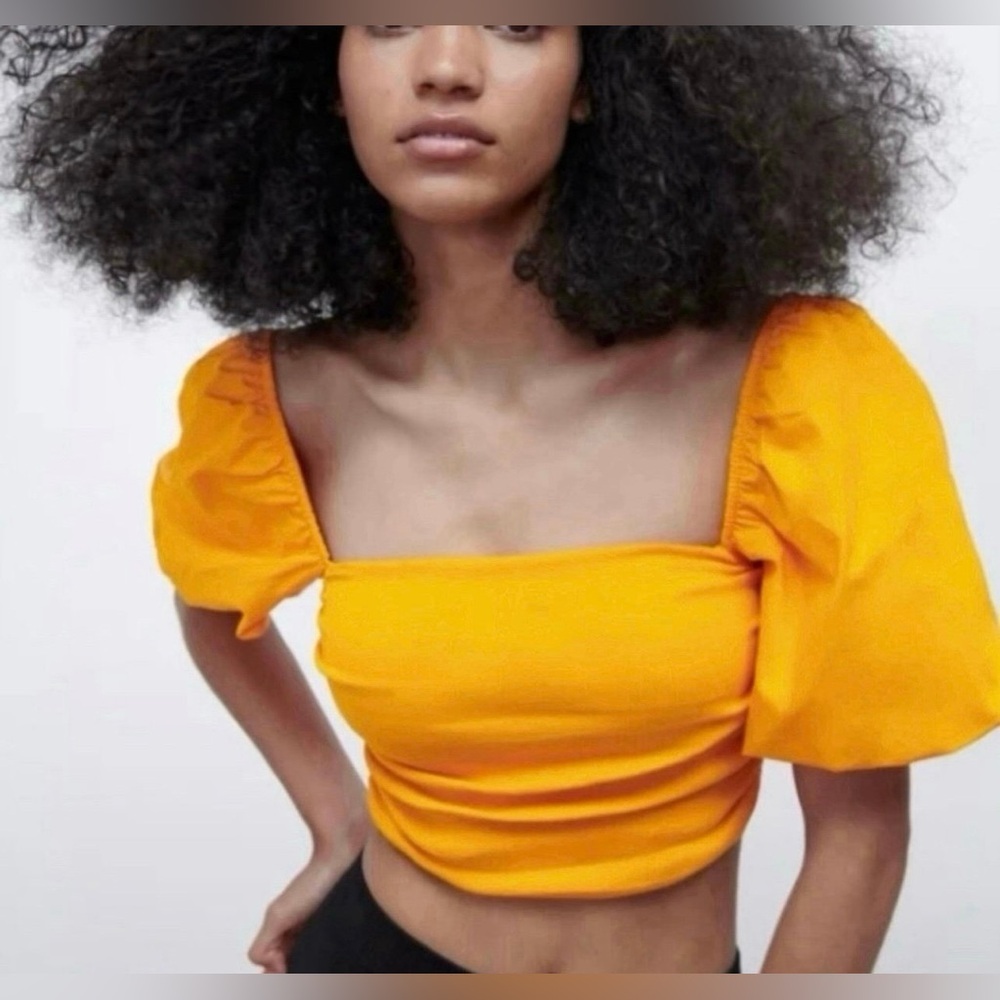 Zara Women’s Orange Puff Sleeve Cropped Top